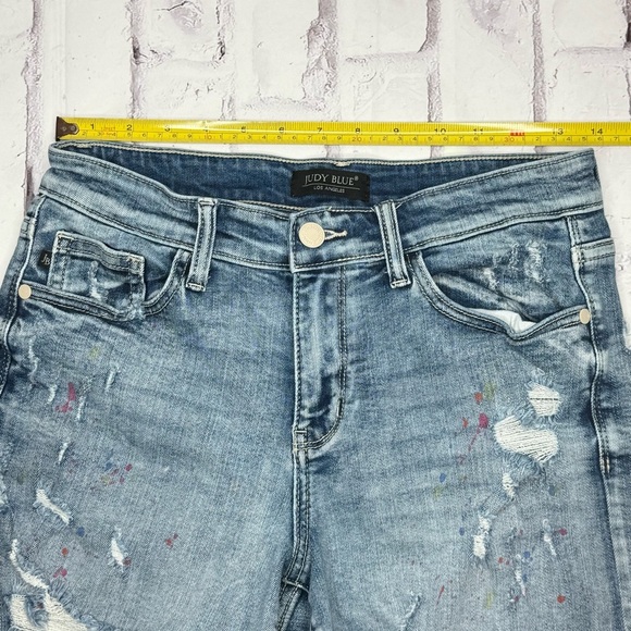 Judy Blue Mid Rise Rainbow Paint Splash Cut Off Denim Shorts Sz S Distressed - Picture 4 of 9
